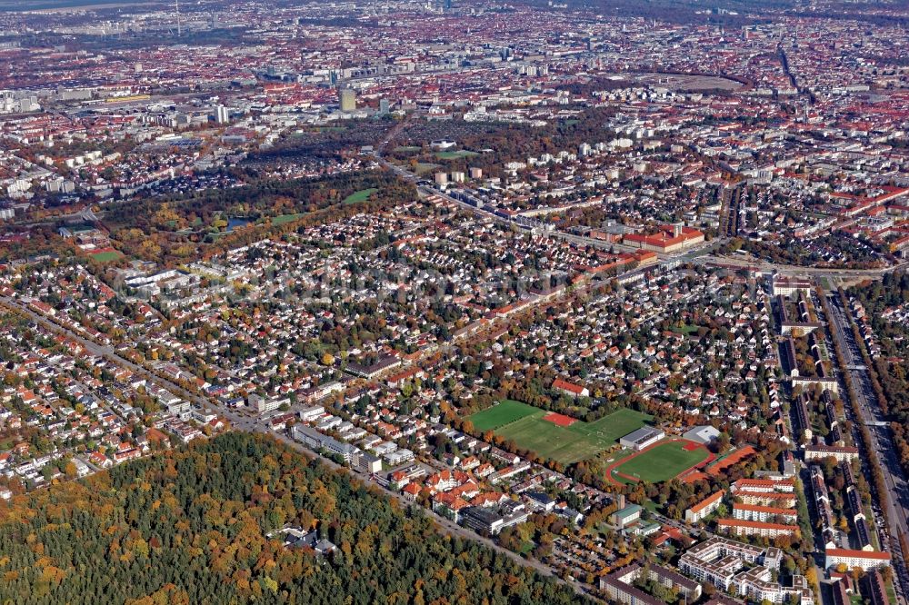 München from above - City area with outside districts and inner city area in Munich in the state Bavaria