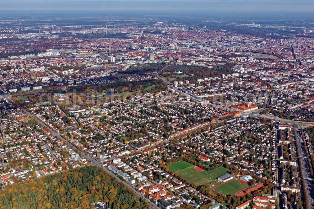 München from the bird's eye view: City area with outside districts and inner city area in Munich in the state Bavaria