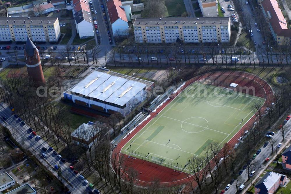 Bernau from above - ; Blick auf den Sportplatz am Wasserturm in Bernau; Sportplatz am Wasserturm; 16321 Bernau bei Berlin; Tel. (0 33 38) 3 8909;