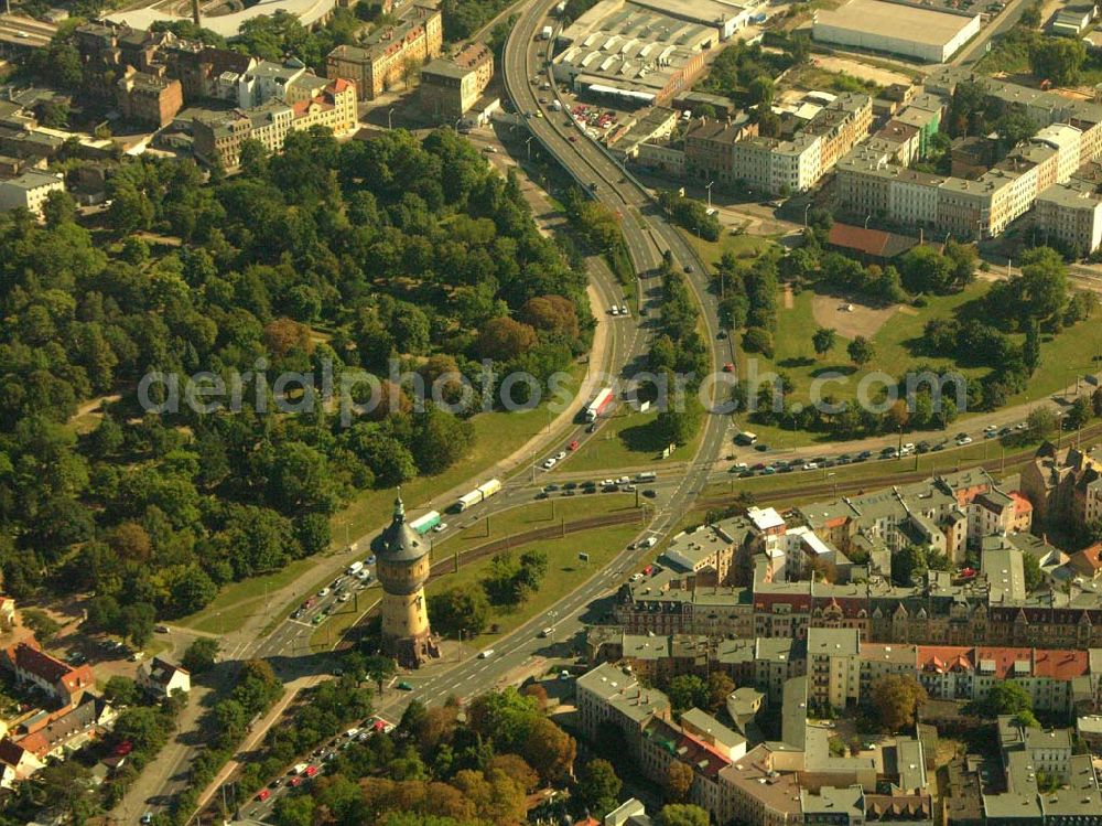 Halle / Saale / Sachsen - Anhalt from the bird's eye view: Wasserturm in Halle. Der 54m hohe Bau stellt nicht nur technisch, sondern auch architektonisch eine Meisterleistung dar. Er ist das erste was man sieht, wenn man über die Autobahn nach Halle gelangt.