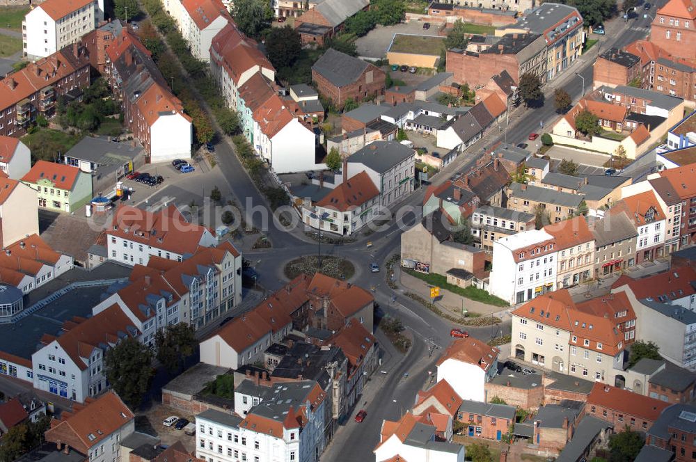 Aerial image Wittenberge - Blick auf Wittenberge mit dem Kreisverkehr am Stern. Kontakt: Stadtverwaltung Wittenberge, August-Bebel-Straße 10, 19322 Wittenberge, Tel. 03877 951-0, Fax 03877 403506, E-Mail stadt@wittenberge.de,