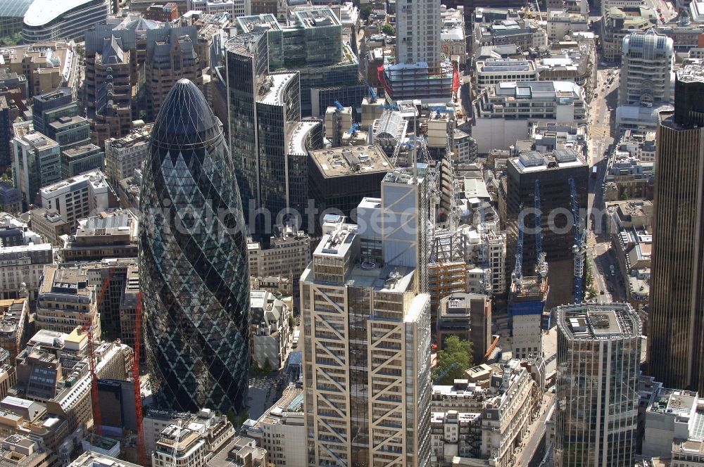 Aerial image London - View of the Heron Tower skyscraper in London. The skyscraper with office space, which is also known as 110 Bishopsgate, is 202 meters high, making it the second-tallest building in London and the tallest building in the City of London. It is placed across from the skyscraper 30 St Mary Axe and was built from 2008 to 2011 under the direction of Heron International and under the planning of Kohn Pederson Fox Architects