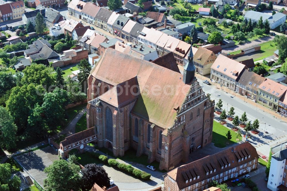 Bad Wilsnack from above - View of the church Wunderblutkirche St. Nicholas in Bad Wilsnack in Brandenburg. The church, which was completed in 1525, is the landmark of the city and was the most famous pilgrimage destination in Northern Europe