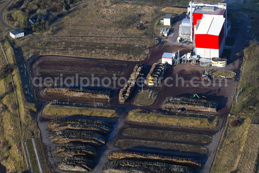 Aerial image Piesteritz - Power station plants of the combined heat and power station - regional heat - Biomasseheizkraftwerk in Piesteritz in the state Saxony-Anhalt, Germany