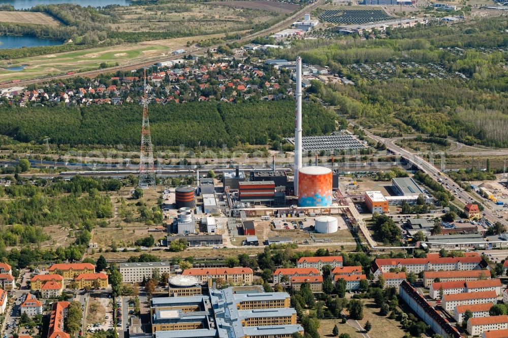 Halle (Saale) from above - Power station plants of the combined heat and power station - regional heat on Dieselstrasse in Halle (Saale) in the state Saxony-Anhalt, Germany