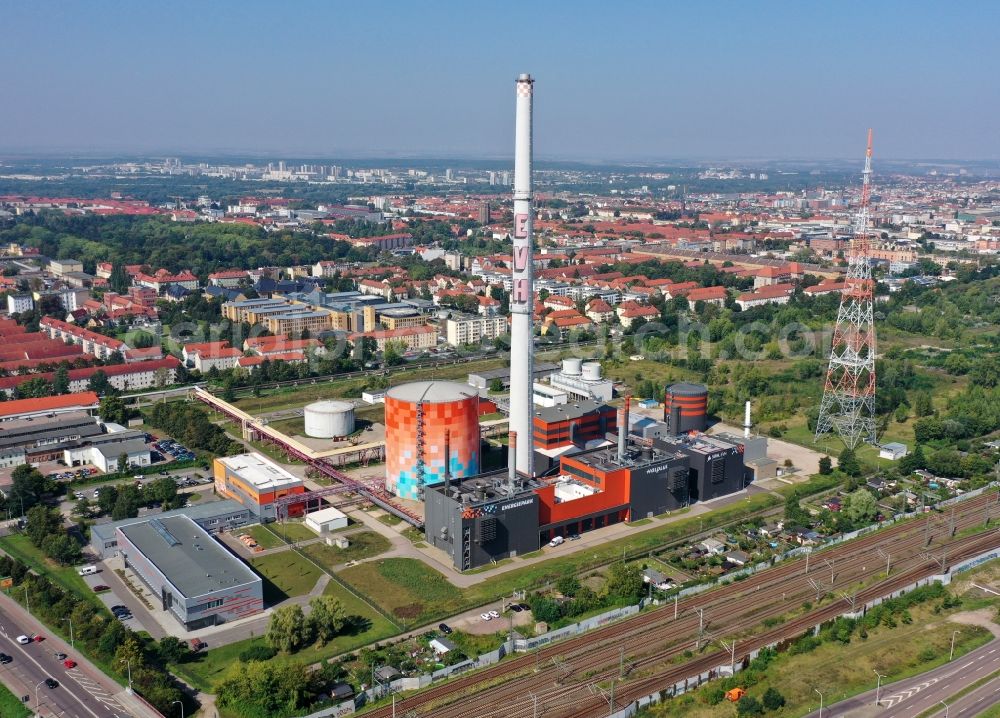 Halle (Saale) from above - Power station plants of the combined heat and power station - regional heat on Dieselstrasse in Halle (Saale) in the state Saxony-Anhalt, Germany