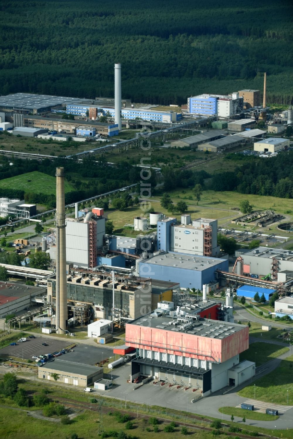 Premnitz from above - Power station plants of the combined heat and power station - regional heat EEW Energy from Waste Premnitz GmbH on Dr.-Herbert-Rein-Strasse in Premnitz in the state Brandenburg, Germany