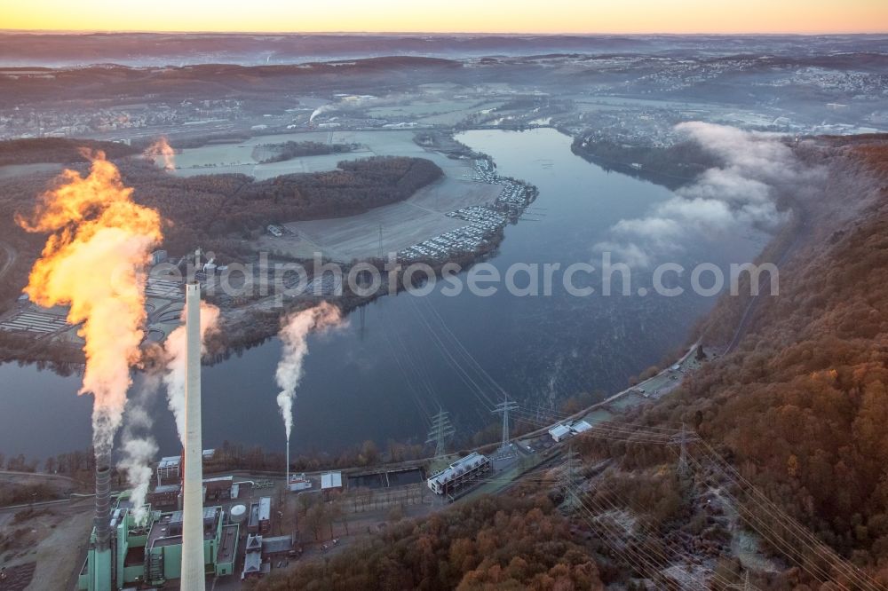 Aerial image Herdecke - Power station plants of the combined heat and power station - regional heat in the light of the sunset in the district Westende in Herdecke in the state North Rhine-Westphalia