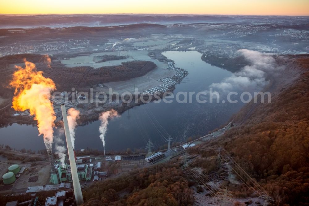 Aerial photograph Herdecke - Power station plants of the combined heat and power station - regional heat in the light of the sunset in the district Westende in Herdecke in the state North Rhine-Westphalia