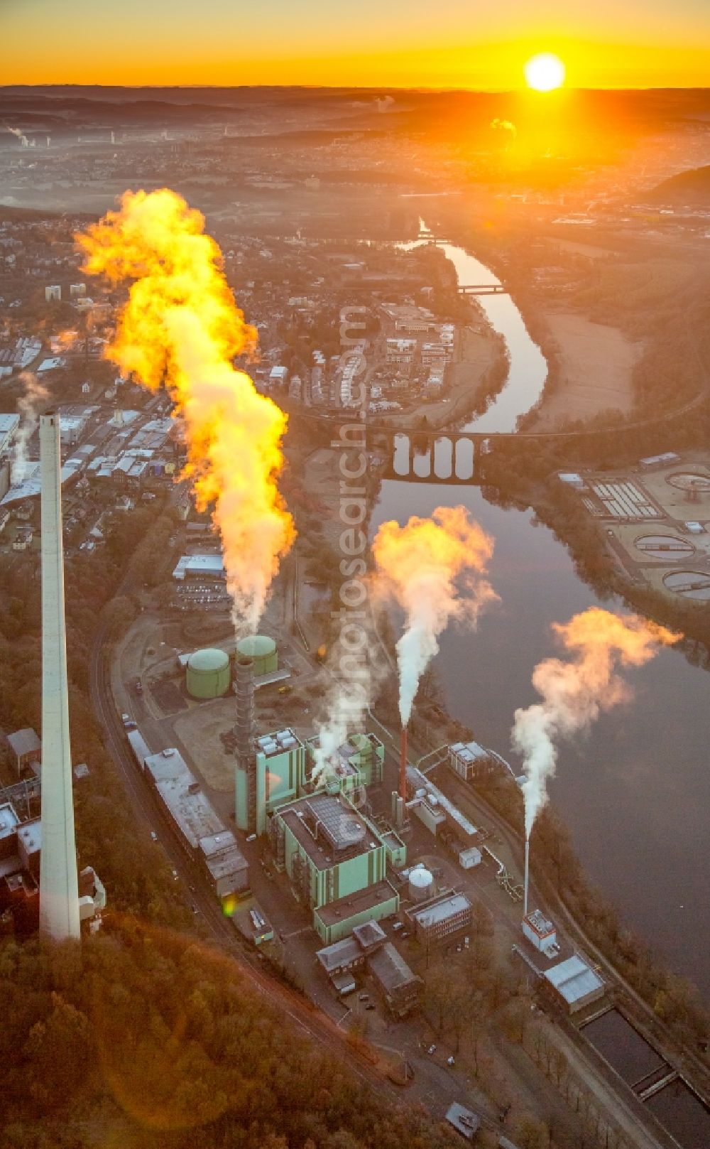 Herdecke from above - Power station plants of the combined heat and power station - regional heat in the light of the sunset in the district Westende in Herdecke in the state North Rhine-Westphalia