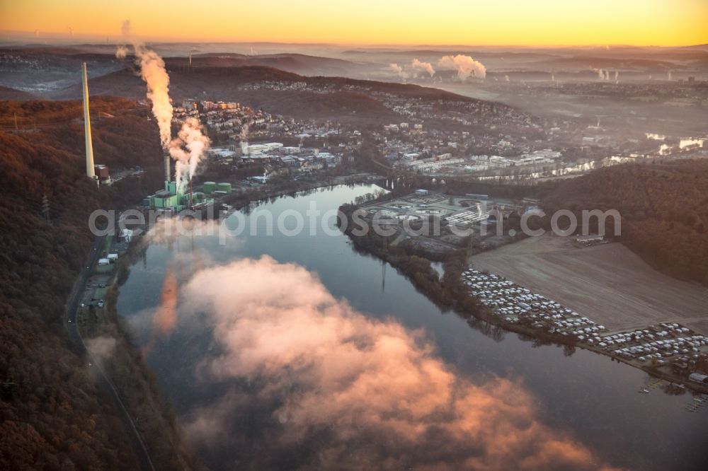 Aerial image Herdecke - Power station plants of the combined heat and power station - regional heat in the light of the sunset in the district Westende in Herdecke in the state North Rhine-Westphalia