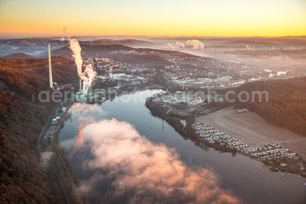 Aerial photograph Herdecke - Power station plants of the combined heat and power station - regional heat in the light of the sunset in the district Westende in Herdecke in the state North Rhine-Westphalia