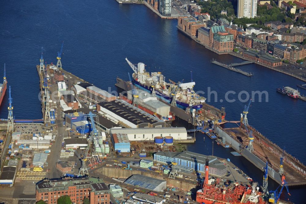 Aerial image Hamburg - Blohm + Voss dockyard in the port of Hamburg. The shipyard is an operational part of ThyssenKrupp Marine System AG