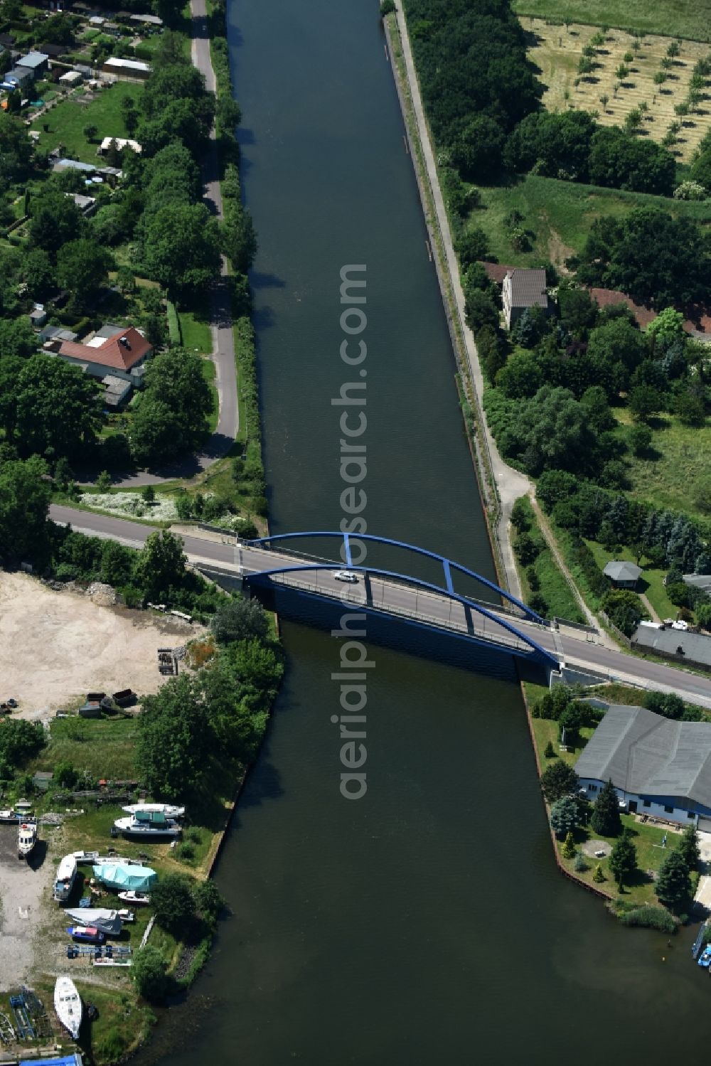 Burg from the bird's eye view: Blumenthaler bridge over Elbe-Havel channel in Burg in the state Saxony-Anhalt