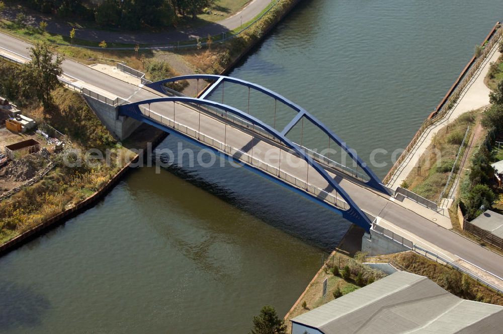 Aerial image Burg - Blick auf die Blumenthaler Brücke. Die Brücke wurde im Jahr 2002 erbaut und überführt den Elbe-Havel-Kanal bei km 333,828.