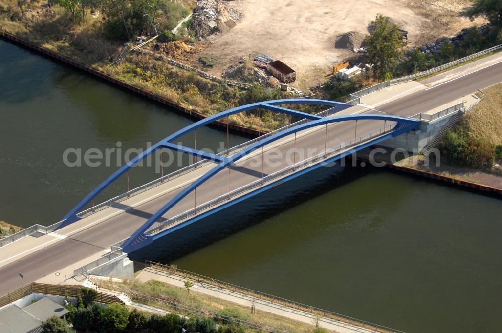 Aerial photograph Burg - Blick auf die Blumenthaler Brücke. Die Brücke wurde im Jahr 2002 erbaut und überführt den Elbe-Havel-Kanal bei km 333,828.