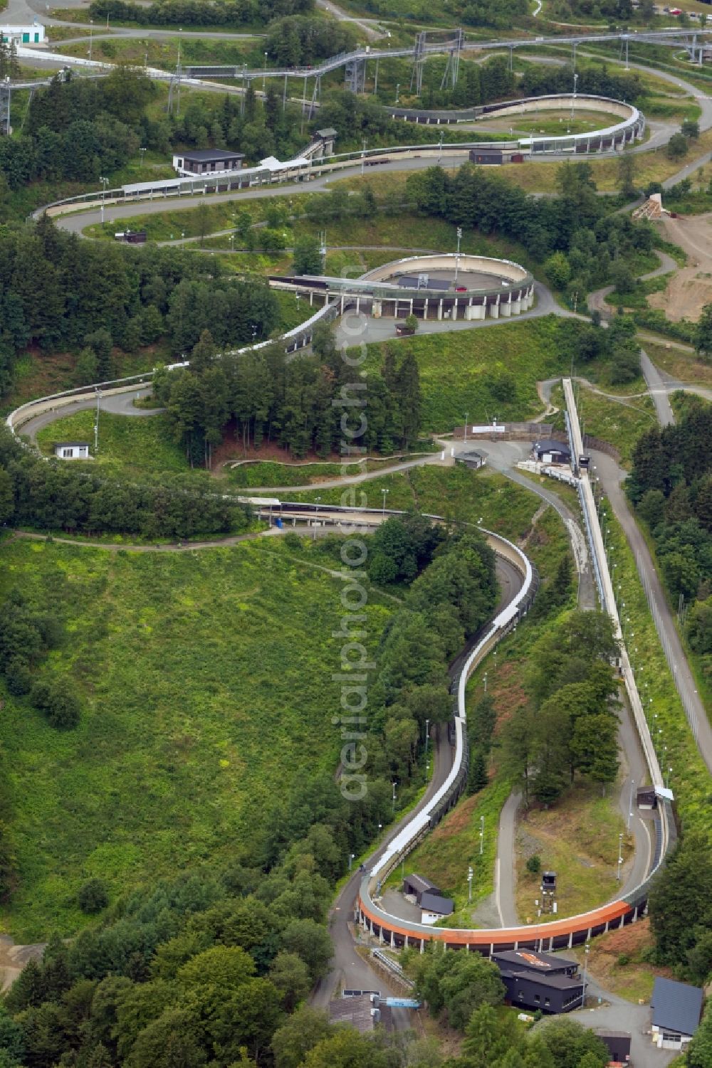 Aerial image Winterberg - View at the bobsleigh and luge track in Winterberg in the federal state North Rhine-Westphalia. Operator is the recreation and sports center Winterberg GmbH