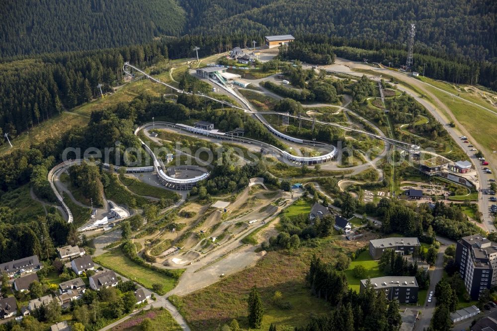 Aerial image Winterberg - View at the bobsleigh and luge track in Winterberg in the federal state North Rhine-Westphalia. Operator is the recreation and sports center Winterberg GmbH