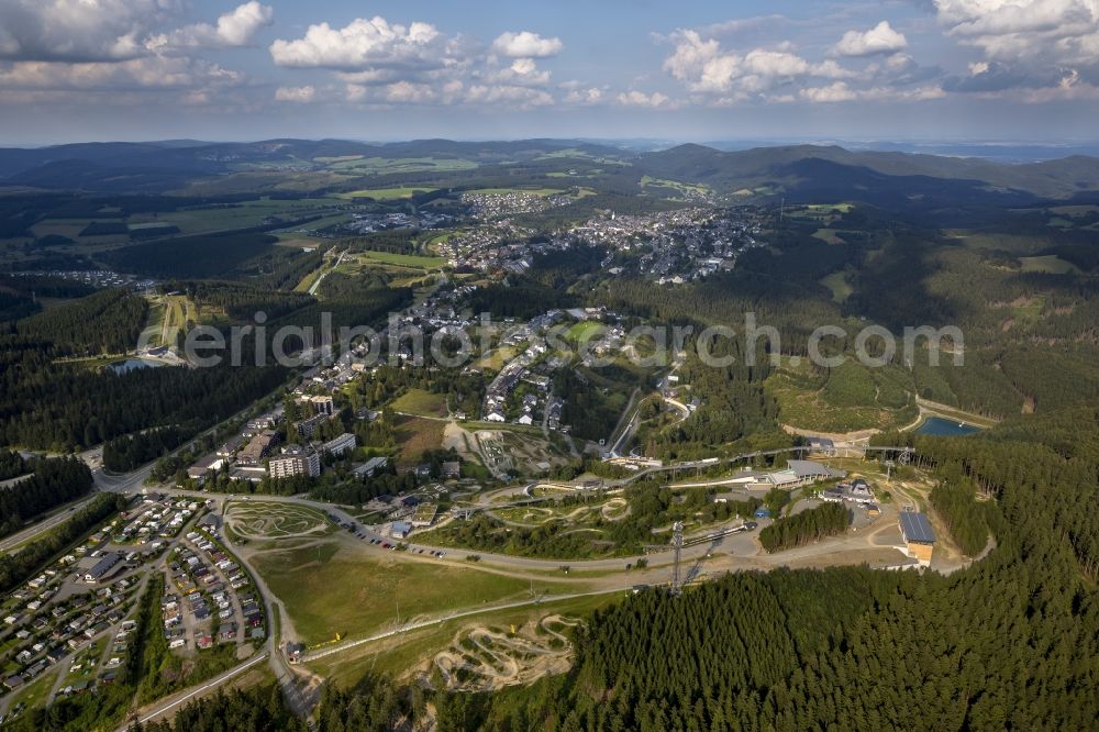 Aerial photograph Winterberg - View at the bobsleigh and luge track in Winterberg in the federal state North Rhine-Westphalia. Operator is the recreation and sports center Winterberg GmbH