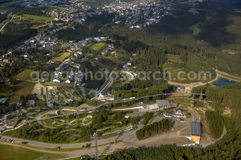 Winterberg from above - View at the bobsleigh and luge track in Winterberg in the federal state North Rhine-Westphalia. Operator is the recreation and sports center Winterberg GmbH