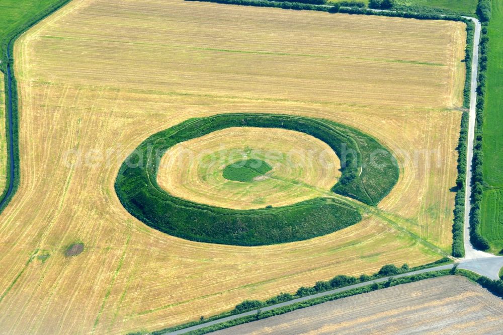 Aerial image Borgsum - Historic monument and ring wall Lembecksburg in a field near Borgsum in the state of Schleswig-Holstein