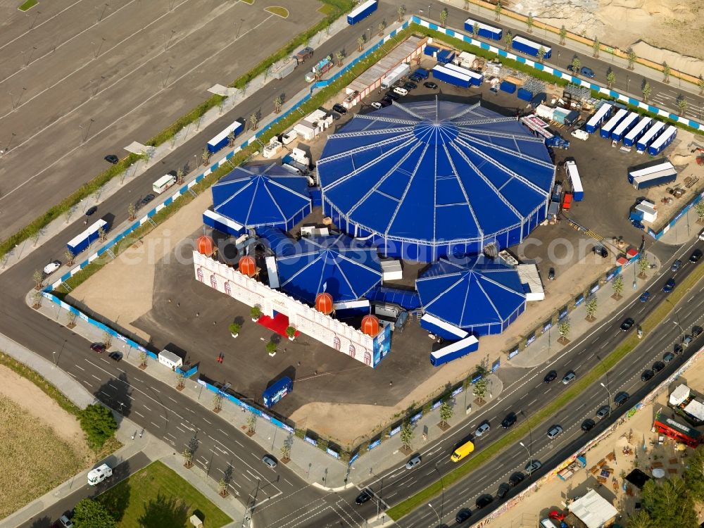 Aerial photograph Berlin - Circus tent complex of BoneyM Theatre Palace on the River Spree in Berlin Mitte