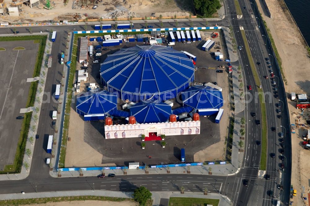 Berlin from above - Circus tent complex of BoneyM Theatre Palace on the River Spree in Berlin Mitte