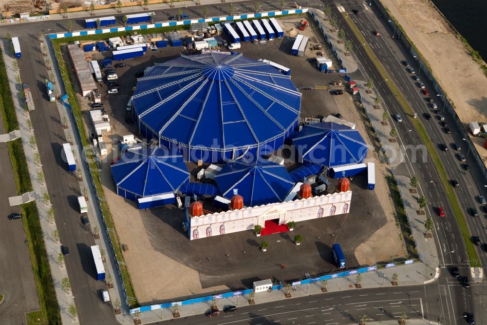 Berlin from the bird's eye view: Circus tent complex of BoneyM Theatre Palace on the River Spree in Berlin Mitte