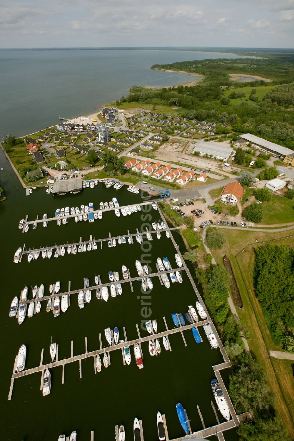 Rechlin from above - Boat mooring in Claassee in Rechlin in Mecklenburg-Vorpommern. In addition to Wolfgang Gerbere boats the docks are also used by the houseboat rental company HAPIMAG