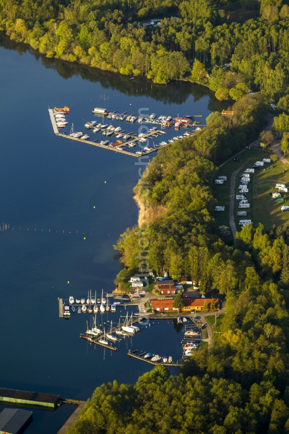 Waren (Müritz) from the bird's eye view: Boat docks on the lake Mueritz inland near Waren (Mueritz) in the state of Mecklenburg-Western Pomerania