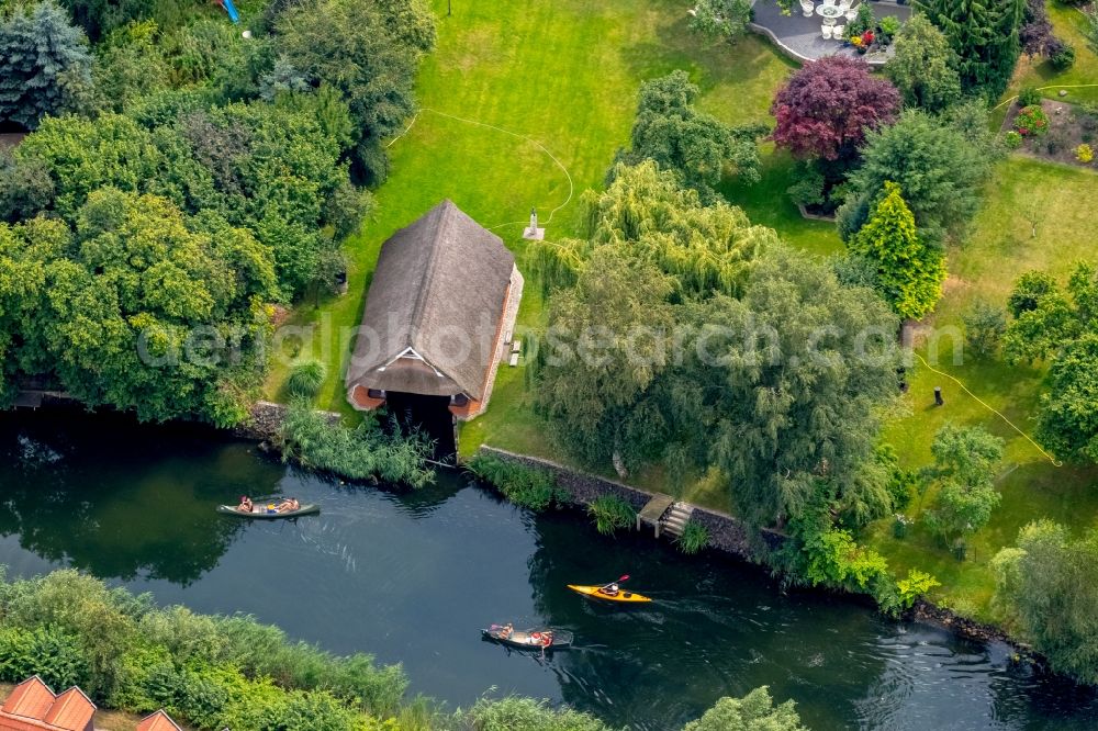 Aerial image Plau am See - Boat House ranks with the recreational marine jetties and boat mooring area on the banks on Plauer See in Plau am See in the state Mecklenburg - Western Pomerania