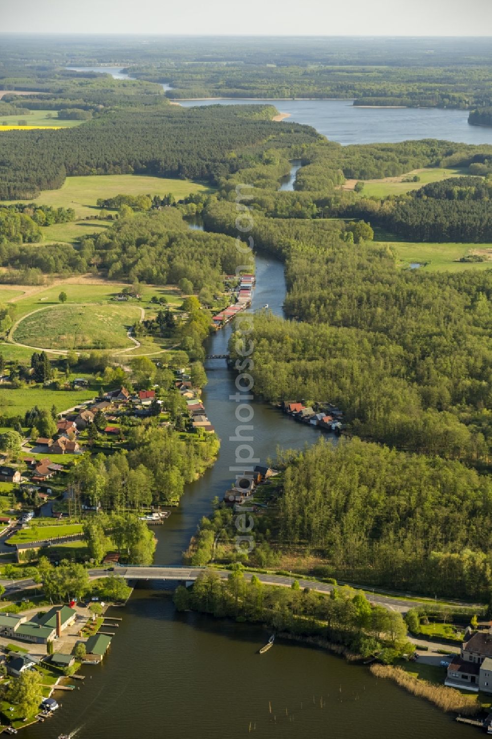 Aerial image Mirow - View of boathouses at the lake Mirower See in Mirow in the state Mecklenburg-West Pomerania