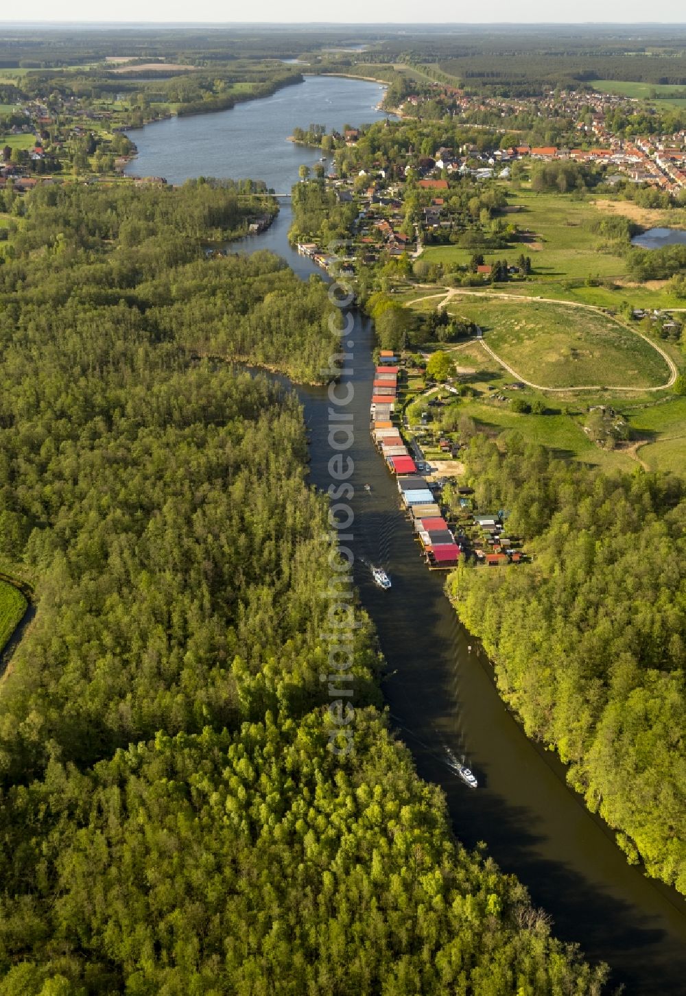 Mirow from above - View of boathouses at the lake Mirower See in Mirow in the state Mecklenburg-West Pomerania