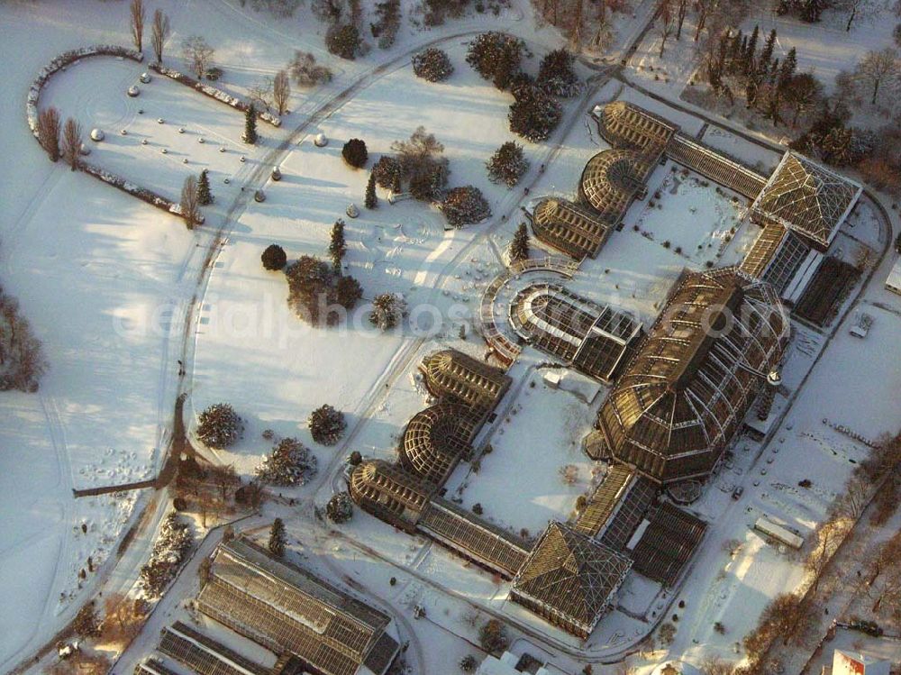 Berlin / Dahlem from the bird's eye view: Berlin - Dahlem; Winterstimmung am Botanischen Garten. Der Garten umfasst ein Fläche von 43 ha und gehört zuden größten Botanischen Gärten der Welt. Er besitzt rund 22.000 verschiedene Pflanzenarten und seine Gewächshäuser umfassen eine Fläche von 6000 qm. Botanischer Garten und Botanisches Museum, Berlin-Dahlem (BGBM), Zentraleinrichtung der Freien Universität Berlin, Königin-Luise-Str. 6-8, 14191 Berlin, Tel.: (+4930) 838-50100, Info-Tel.: (+4930) 838-50027, Fax: (+4930) 838-50186