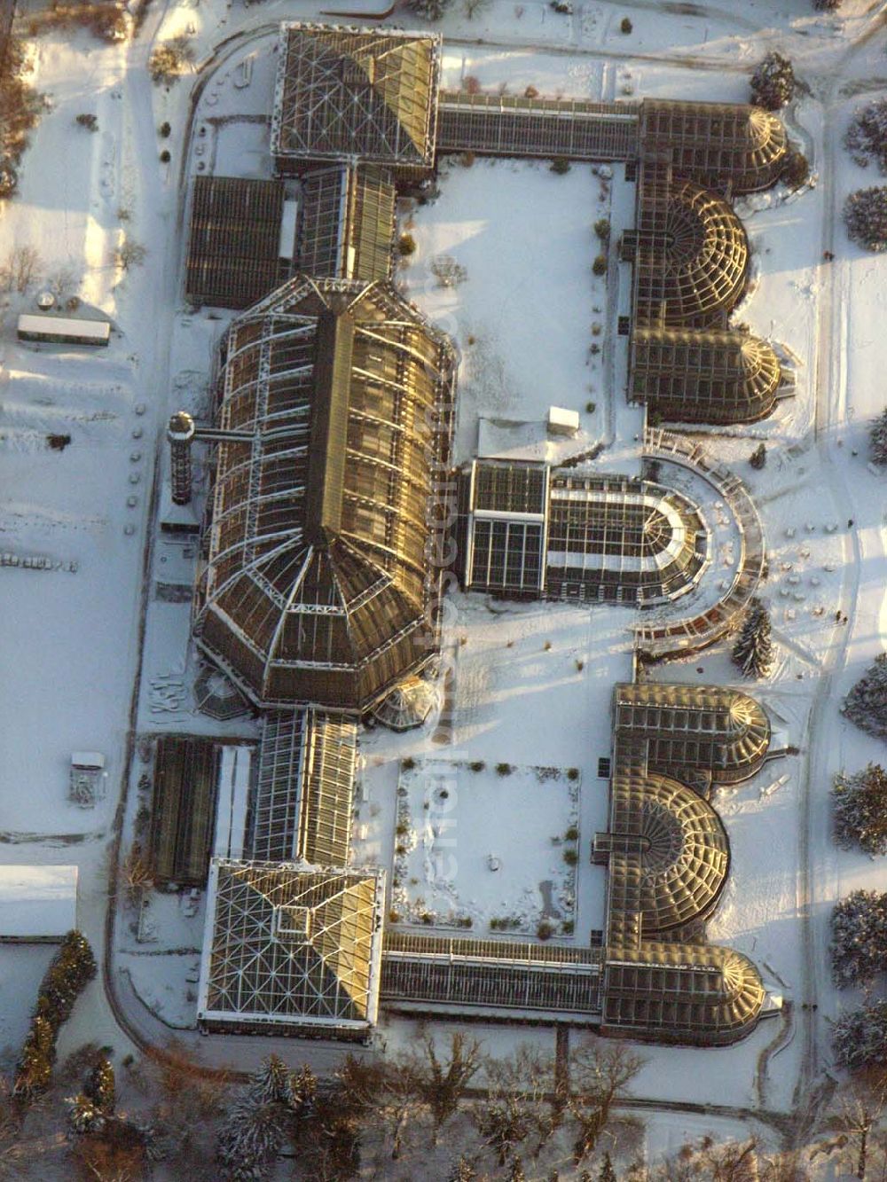 Berlin / Dahlem from the bird's eye view: Berlin - Dahlem; Winterstimmung am Botanischen Garten. Der Garten umfasst ein Fläche von 43 ha und gehört zuden größten Botanischen Gärten der Welt. Er besitzt rund 22.000 verschiedene Pflanzenarten und seine Gewächshäuser umfassen eine Fläche von 6000 qm. Botanischer Garten und Botanisches Museum, Berlin-Dahlem (BGBM), Zentraleinrichtung der Freien Universität Berlin, Königin-Luise-Str. 6-8, 14191 Berlin, Tel.: (+4930) 838-50100, Info-Tel.: (+4930) 838-50027, Fax: (+4930) 838-50186