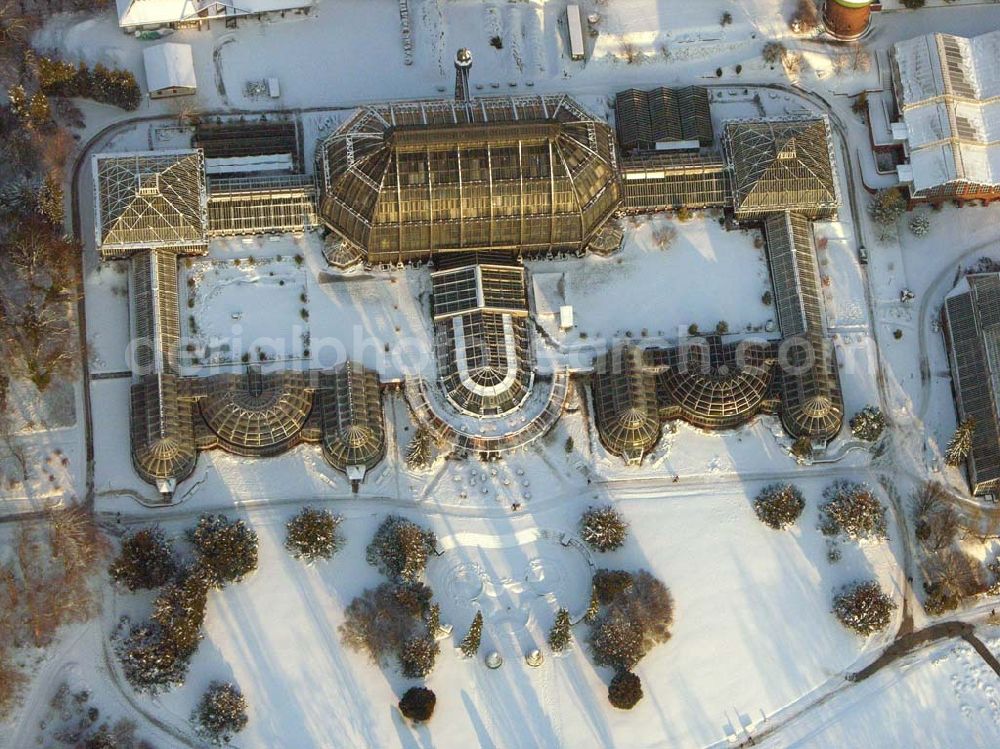 Aerial photograph Berlin / Dahlem - Berlin - Dahlem; Winterstimmung am Botanischen Garten. Der Garten umfasst ein Fläche von 43 ha und gehört zuden größten Botanischen Gärten der Welt. Er besitzt rund 22.000 verschiedene Pflanzenarten und seine Gewächshäuser umfassen eine Fläche von 6000 qm. Botanischer Garten und Botanisches Museum, Berlin-Dahlem (BGBM), Zentraleinrichtung der Freien Universität Berlin, Königin-Luise-Str. 6-8, 14191 Berlin, Tel.: (+4930) 838-50100, Info-Tel.: (+4930) 838-50027, Fax: (+4930) 838-50186