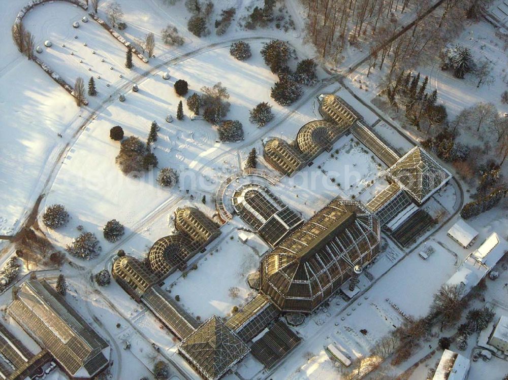 Aerial image Berlin / Dahlem - Berlin - Dahlem; Winterstimmung am Botanischen Garten. Der Garten umfasst ein Fläche von 43 ha und gehört zuden größten Botanischen Gärten der Welt. Er besitzt rund 22.000 verschiedene Pflanzenarten und seine Gewächshäuser umfassen eine Fläche von 6000 qm. Botanischer Garten und Botanisches Museum, Berlin-Dahlem (BGBM), Zentraleinrichtung der Freien Universität Berlin, Königin-Luise-Str. 6-8, 14191 Berlin, Tel.: (+4930) 838-50100, Info-Tel.: (+4930) 838-50027, Fax: (+4930) 838-50186