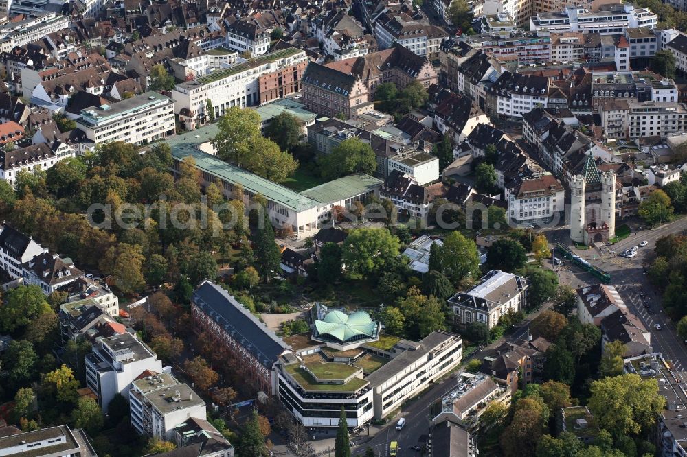 Aerial image Basel - Overlooking the Botanical Garden of the University of Basel in Switzerland. In the foreground the University Library and the Spalentor to the right