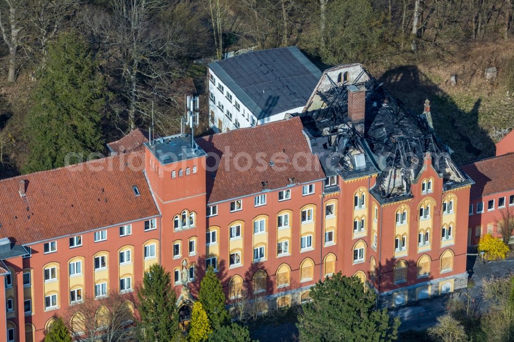 Arnsberg from the bird's eye view: Fire- Ruins the formerly of the former retirement home Klosterberg in Arnsberg in the state North Rhine-Westphalia, Germany