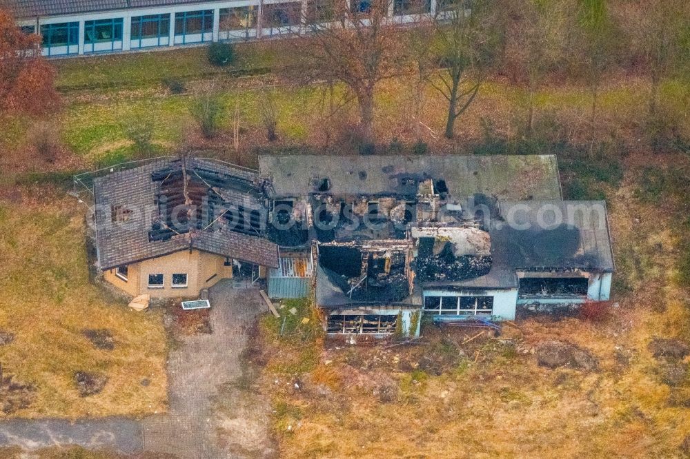 Bergkamen from above - Fire- Ruins One family house in a residential area Buescherstrasse - Landwehrstrasse in Bergkamen in the state North Rhine-Westphalia, Germany