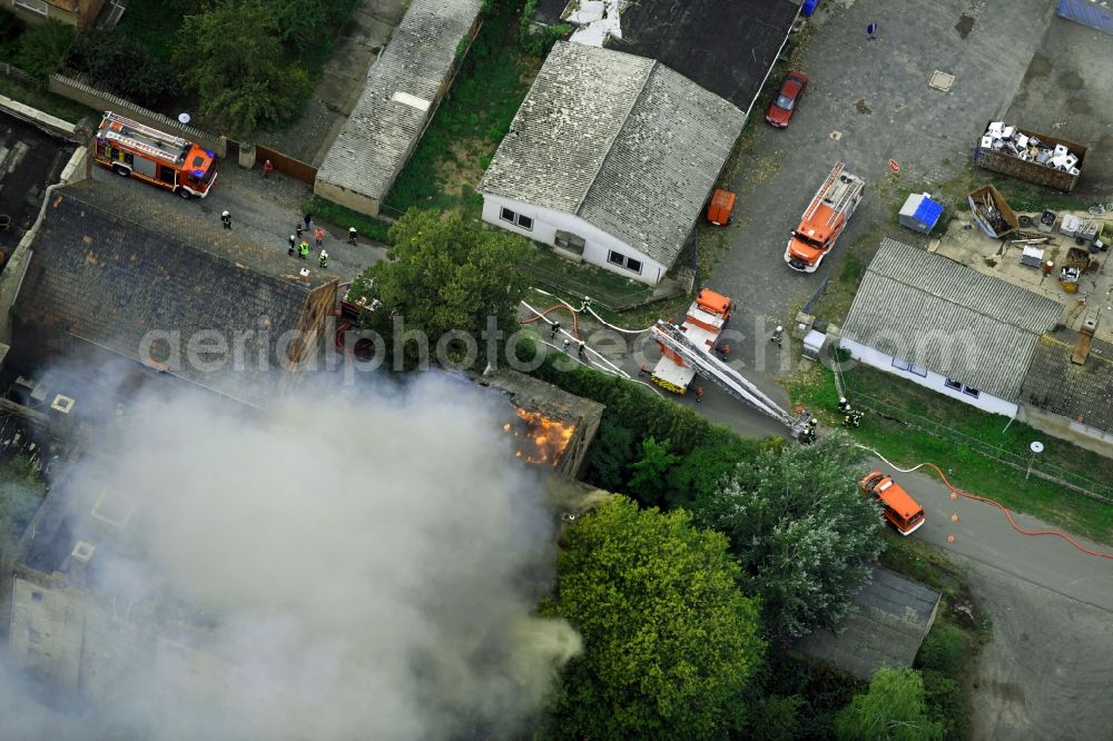 Allstedt from above - Fire Ruin the buildings and halls of the old factory Am Gehren in Allstedt in the state Saxony-Anhalt, Germany