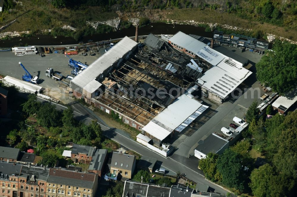 Aerial image Mylau - Fire Ruin the buildings and halls at Karl-Marx-Ring in Mylau in the state Saxony