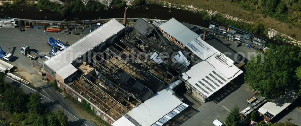 Aerial photograph Mylau - Fire Ruin the buildings and halls at Karl-Marx-Ring in Mylau in the state Saxony