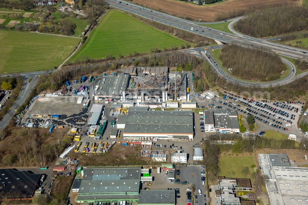 Witten from above - Fire Ruin the buildings and halls of the HP Pelzer Automotive GmbH on Brauckstrasse in the district Ruedinghausen in Witten in the state North Rhine-Westphalia