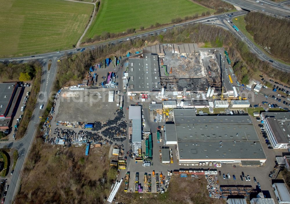 Aerial photograph Witten - Fire Ruin the buildings and halls of the HP Pelzer Automotive GmbH on Brauckstrasse in the district Ruedinghausen in Witten in the state North Rhine-Westphalia