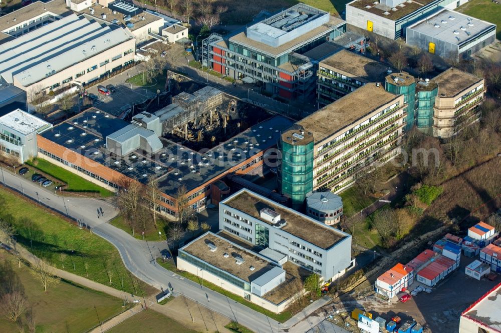 Aerial photograph Aachen - Fire Ruin the buildings and halls of the Werkzeugmaschinenlabors der RWTH on Campus Melaten in Aachen in the state North Rhine-Westphalia