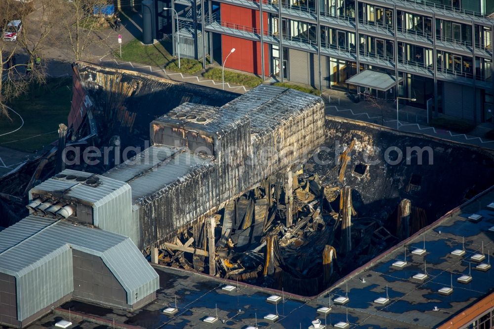 Aerial image Aachen - Fire Ruin the buildings and halls of the Werkzeugmaschinenlabors der RWTH on Campus Melaten in Aachen in the state North Rhine-Westphalia