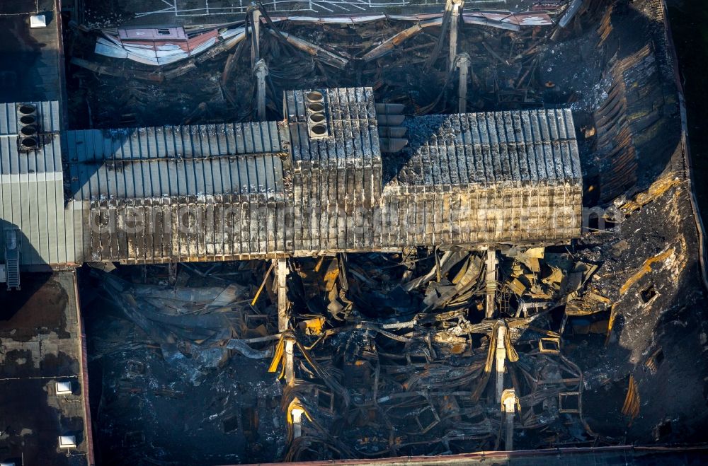 Aachen from above - Fire Ruin the buildings and halls of the Werkzeugmaschinenlabors der RWTH on Campus Melaten in Aachen in the state North Rhine-Westphalia