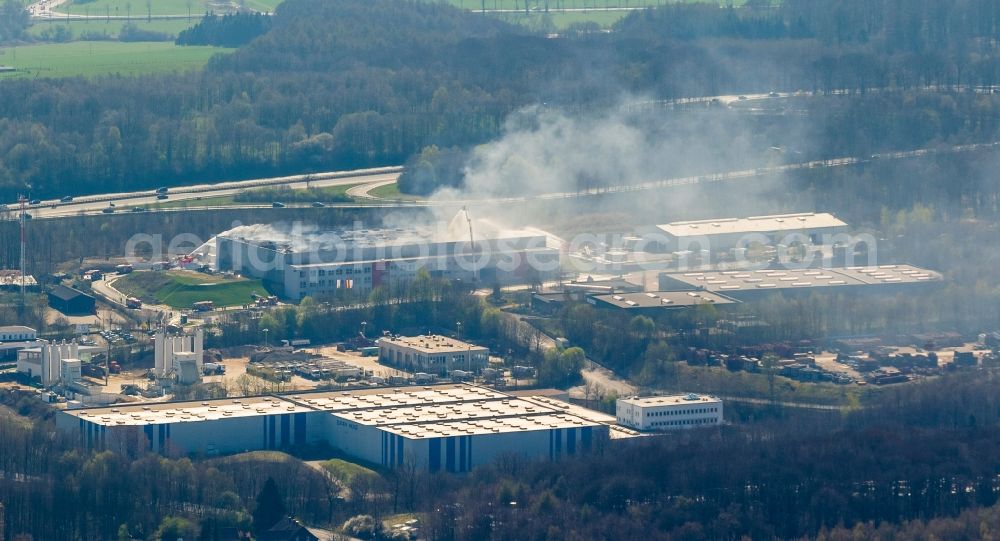 Sprockhövel from above - Fire in the premises of WKW Automotive in the industrial area Stefansbecke in Sprockhövel in the state of North Rhine-Westphalia