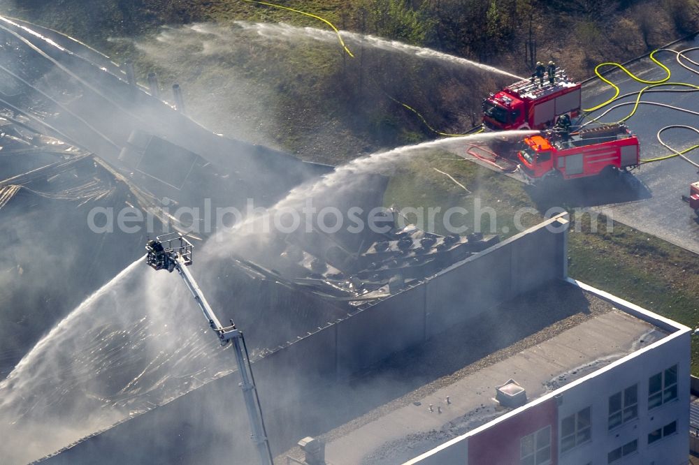 Aerial photograph Sprockhövel - Fire in the premises of WKW Automotive in the industrial area Stefansbecke in Sprockhövel in the state of North Rhine-Westphalia